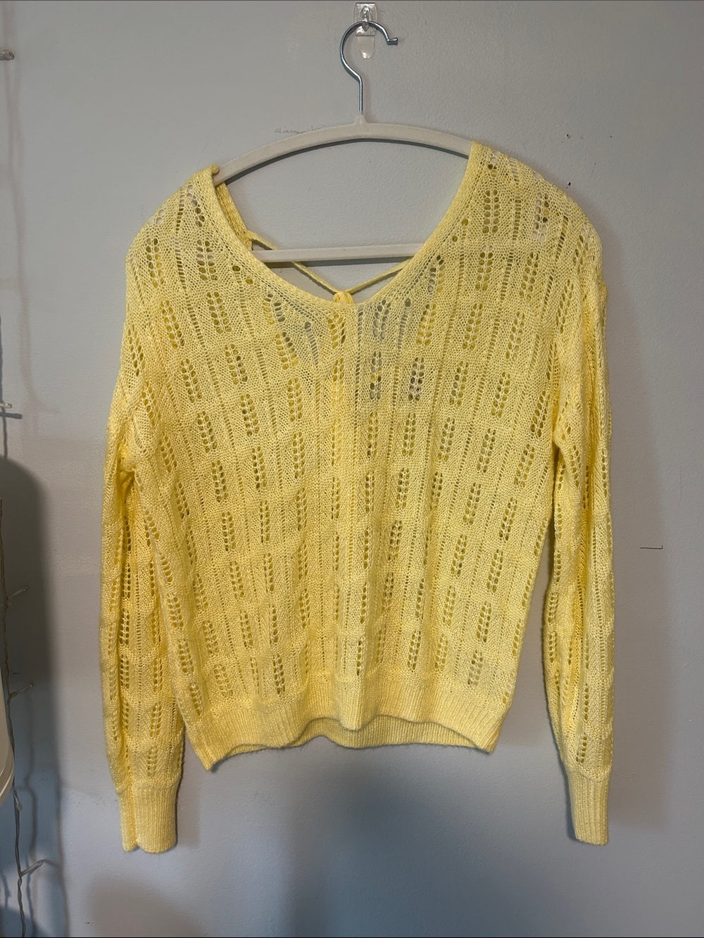 Francesca’s Lightweight Yellow Open-Knit V-Neck Sweater - Small